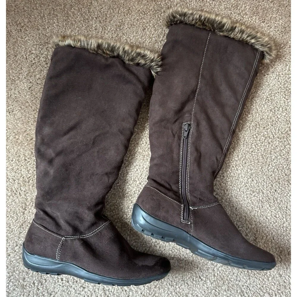 Natural Soul by Naturalizer Brown Faux Suede Tall Boots Faux Fur Trim Zip 6.5